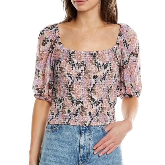 NWT Free People Smocked Puff Sleeve Boho cottage square neck crop top Large - Picture 1 of 11